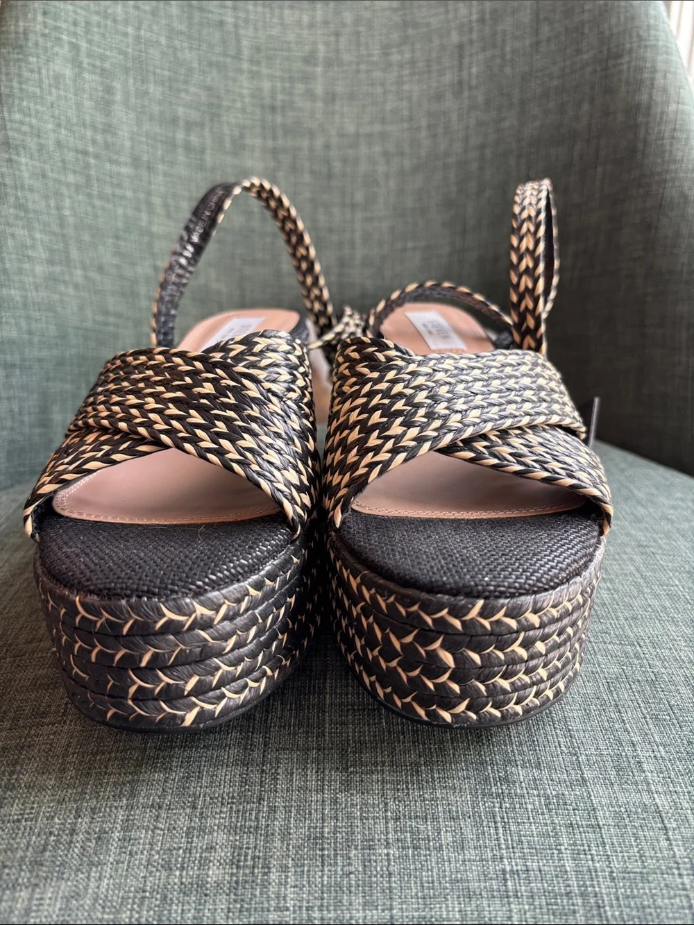 Steven women woven Black Natural tan Platform Sandals strappy resort 8.5 summer